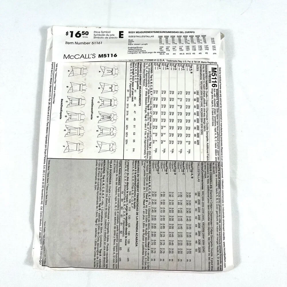 McCalls Sewing Pattern One Easy Pattern Six Looks M5116 Size RR 18W-24W Uncut